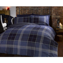 Argyle Single Quilt Duvet Cover and Pillowcase Reversible Bedding Bed Set, Tartan Check - Blue