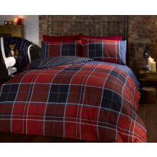 Argyle Single Quilt Duvet Cover and Pillowcase Reversible Bedding Bed Set, Tartan Check - Red
