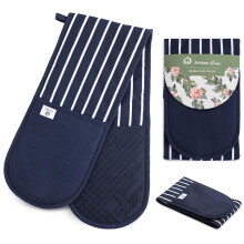 Blue Butcher Stripe Double Oven Gloves Heat Resistant Silicone Oven Mitts Pair | Non-Slip Silicone Oven Gloves Double Oven Mitt | Machine Washable