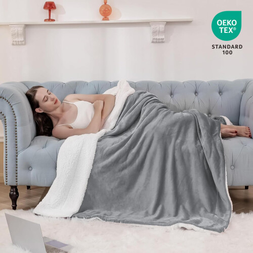 Aisbo Sherpa Fleece Blanket Grey Throws - Thick Warm Soft Throw Blanket for Bed Double Size, 150x200cm Fluffy Microfiber Solid Twin Blankets for Sofas 2