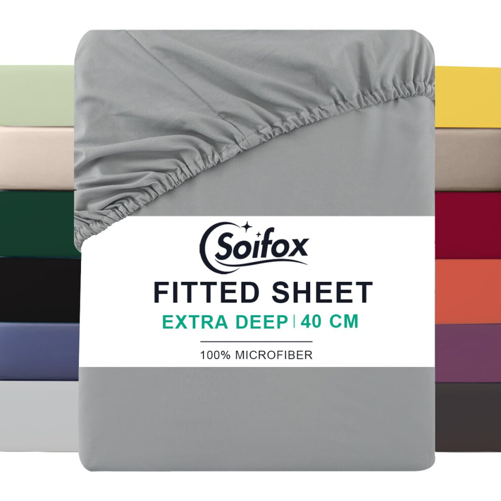 Soifox King Size Fitted Sheet - Bed Sheets With Extra Deep Pocket 16 Inch (40 Cm), Soft Microfiber Bottom Sheet For Kingsize Bed, 150X200cm Grey