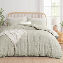 Aisbo Double Duvet Cover Set Beige Seersucker Bedding Set with 2 Pillowcases, Soft Breathable Textured Puckering Bed Quilt Cover Set with Zipper
