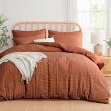 Aisbo Burnt Orange King Size Duvet Cover Sets Terracotta Seersucker Bedding Set with 2 Pillowcases, Soft Breathable Textured Puckering Bed Quilt Cover