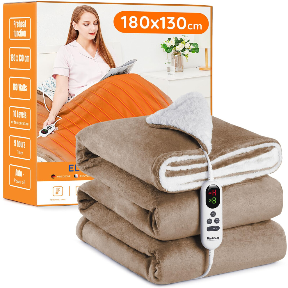 Mia&Coco Electric Heated Blanket Throw Flannel Sherpa Fast Heating 180X130cm, 10 Heat Levels & Up-To-9-Hours Auto-Off Timer & Led Display, For Home