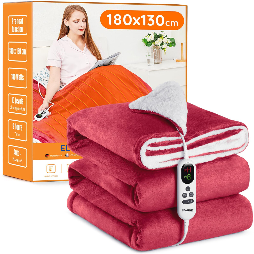 Mia&Coco Electric Heated Blanket Throw Flannel Sherpa Fast Heating 180X130cm, 10 Heat Levels & Up-To-9-Hours Auto-Off Timer & Led Display, For Home