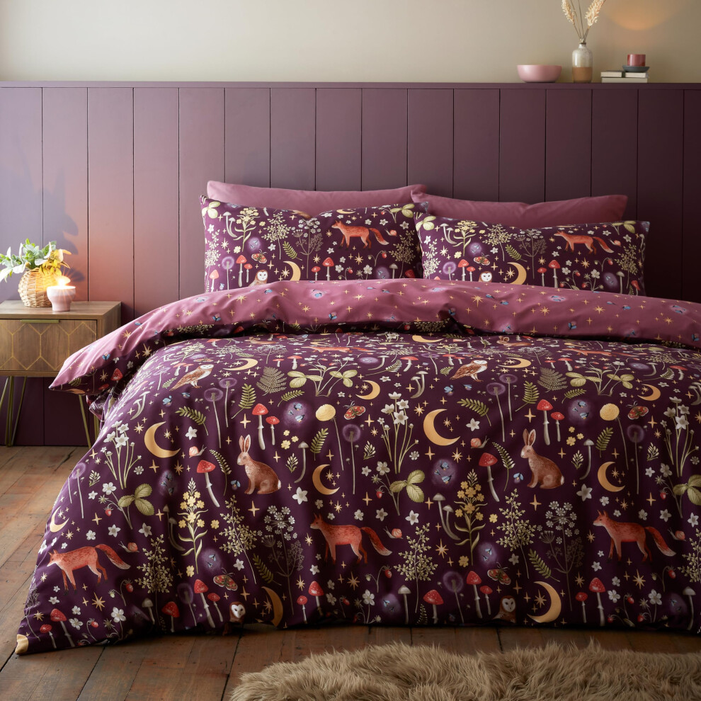 Catherine Lansfield Enchanted Twilight Reversible Double Duvet Cover Set With Pillowcases Plum Purple