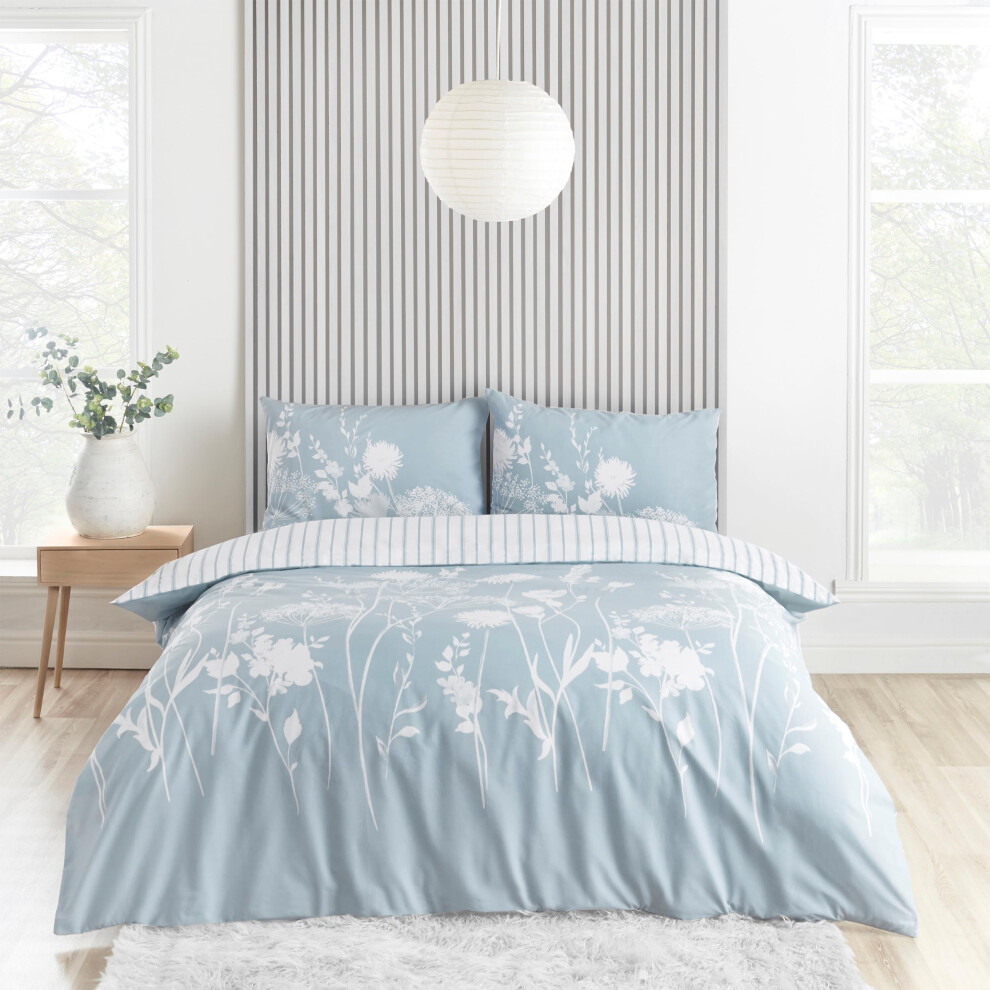 Catherine Lansfield Meadowsweet Floral Reversible Double Duvet Cover Set With Pillowcase Sea Spray Blue