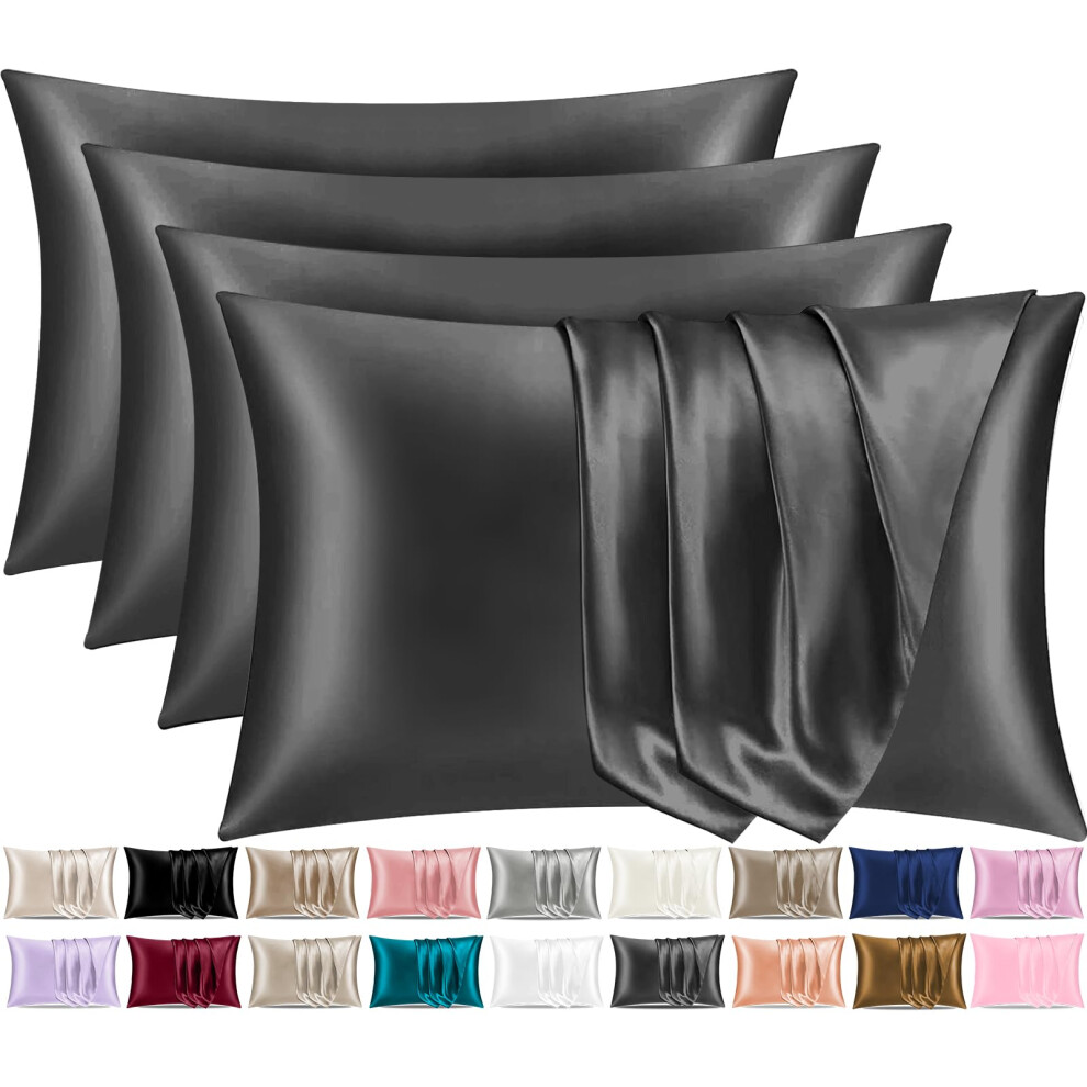 Satin Silk Pillowcases For Hair And Skin 4 Pack Standard Size With Envelope Closure (4 Pcs Pillowcases (50 X 75 Cm), Charcoal) Pamposh