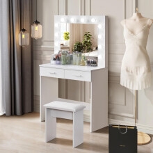 TUKAILAi White Dressing Table with LED Mirror and Stool, Adjustable Brightness, Compact Small Vanity Desk With 2 Drawers, Space Saving Makeup Desk For