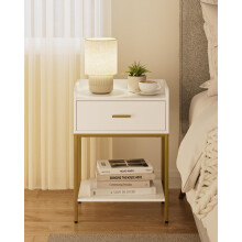 HEYZOEY Bedside Table, 3-Tier Bedside Cabinet with Storage Drawer and Open Shelf, Small End Side Table with Gold Legs for Bedroom, Living Room, White