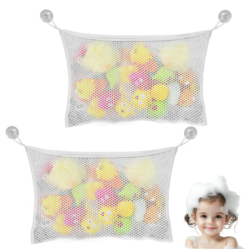 Vokmon 2 Pcs Bath Toy Storage, Large Bath Toy Storage Mesh Net Bag, Bath Toy Net With Strong Suction Cups Organiser, Fold-Able Bath Toy Storage Net For