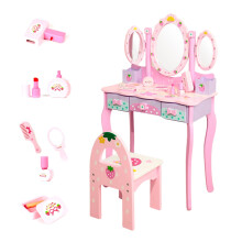 Kids Wooden Vanity Table, with Chair and Drawers. Set a Vanity Makeup table for Girls with Accessories and a Folding Mirror. Makeup Table for Girls 3+
