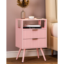 JERX Wooden Bedside Table, Nightstand with 2 Storage Drawer and Open Shelf Modern Bedside Cabinet for Bedroom,Pink