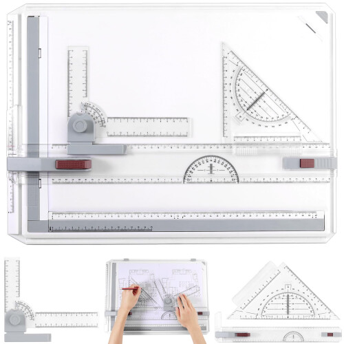 eSynic A3 Drawing Board Set, A3 Multifunction Drafting Table Adjustable Measuring System Angle Parallel Motion Drawing Board with Protractor, Paper