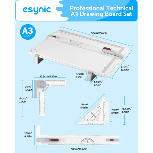 eSynic A3 Drawing Board Set, A3 Multifunction Drafting Table Adjustable Measuring System Angle Parallel Motion Drawing Board with Protractor, Paper 1