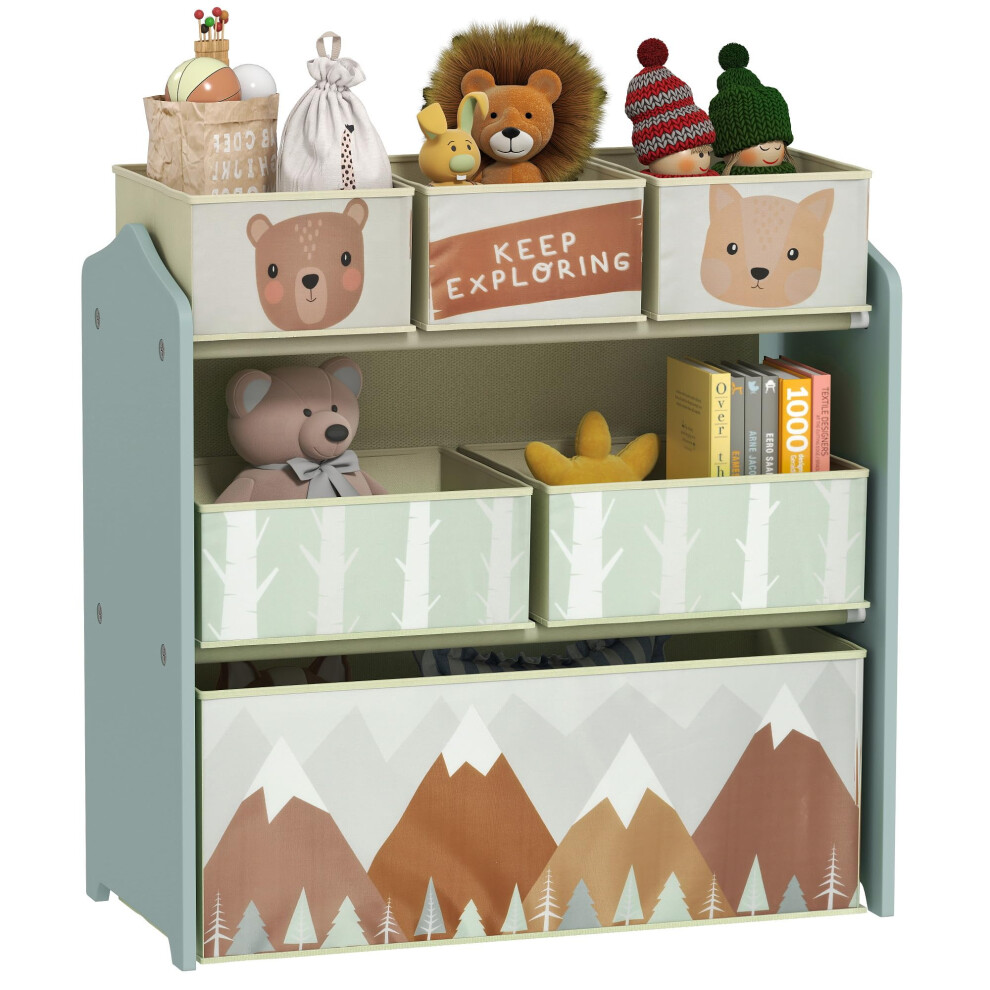 Zonekiz Kids Storage Unit, Childrens Toy Storage Organiser, With 6 Fabric Bins, For Bedroom, Nursery, 63 X 30 X 66Cm, Green