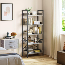 YITAHOME Bookcase 5 Tiers, Floor Standing Book Shelf, Wooden Shelves and Stable Steel Frame Shelving Units with 4 Hooks Industrial Storage for Living