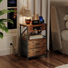 Flrrtenv Bedside Table with Power Strip, Bedside Cabinet with 2 Drawers, Bed Side Table for Bedroom, Night Stand, 2 AC Outlets, & 2 USB Ports, Side