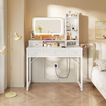 ODK Dressing Table with Adjustable LED Mirror, Vanity Desk with 4 Fabric Drawers, Vanity Table with Built-in USB Outlet, White makeup desk