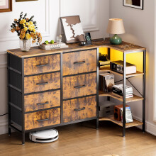 Coleshome Corner Chest of Drawers Bedroom, Storage Dresser with 7 Fabric Drawers - 2 USB and 2 AC Outlets and LED, With 3-Tier Storage Table, Suitable