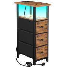 LOAKEKEL Slim Bedside Table with Charging Station, Narrow Side Table with LED Light, Small Sofa Table with 3 Fabric Drawers, End Table, Nightstand for