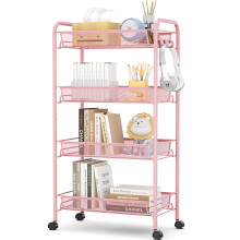 APEXCHASER 4-Tier Rolling Cart,Easy Assemble Mobile Storage Trolley On Wheels,Slide Out Utility Cart Shelving Units Kitchen Bathroom Laundry Room,Pink