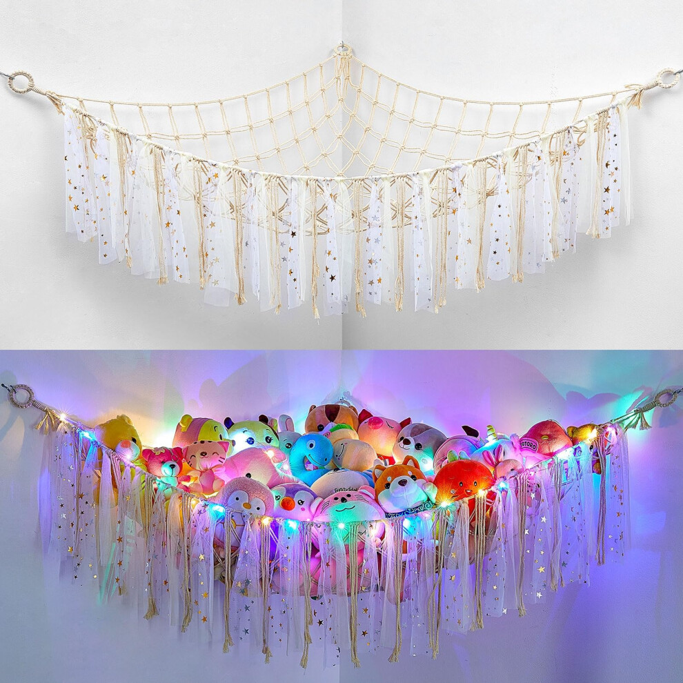 Toy Hammock Stuffed Animals Storage Net Soft Cuddly Toys Large Corner Hanging Net With Led Hand Woven Plush Macrame Organizer With Tassel Light Mhjy