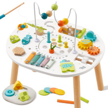 Giant bean? Wooden Activity Table for 1+ Years, 11-in-1 Montessori Learning Table with Bead Maze, Shape Sorter, Fishing Game ? Sensory Development Toy