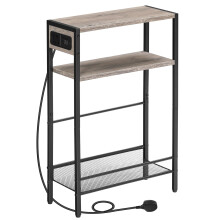 HOOBRO Slim Side Table with Charging Station, Narrow Bedside Table for Small Spaces, 3-Tier End Table with USB Ports and Power Outlet, Greige and