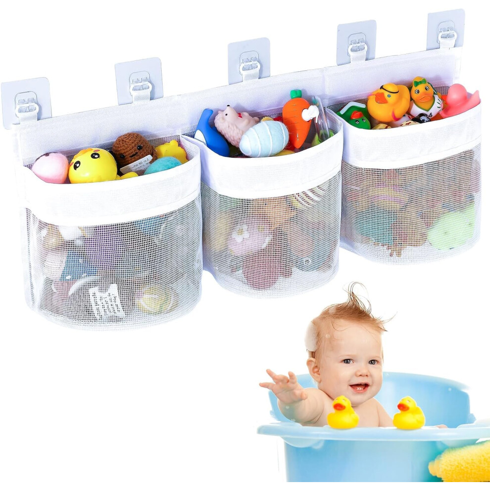 Gsrenyu Bath Toys Organizer Net, Large Hanging Storage Holder With 3 Compartment 60Cm Quick Drying Tidy Mesh Bag For Bathroom Toy With 5 Strong Self