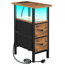 AMHANCIBLE Slim Bedside Table with Charging Station, Narrow Side Table with LED Lights, Small End Table with 2 Fabric Drawers, Nightstand for Small