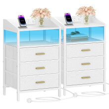 Hzuaneri Bedside Tables Set of 2 with Charging Station and LED Lights, Bedside Cabinet with 3 Fabric Storage Drawers and Shelves, Nightstand with USB