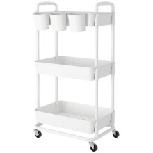 JIUYOTREE 3-Tier Plastic Rolling Storage Cart Utility Cart with Extra Hanging Cups Handles Lockable Wheels for Living Room Bathroom Kitchen Office