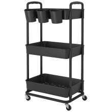 JIUYOTREE 3-Tier Plastic Rolling Storage Cart Utility Cart with Extra Hanging Cups Handles Lockable Wheels for Living Room Bathroom Kitchen Office