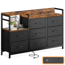 ODK Chest of Drawers Bedroom, Contains 2 USB & 2 AC Ports Sockets, Storage Dresser with 8 Fabric Drawers Suitable for Bedrooms, Living Rooms, Retro