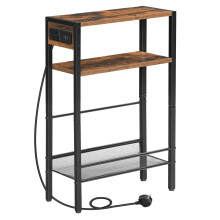 HOOBRO Slim Side Table with Charging Station, Narrow Bedside Table for Small Spaces, 3-Tier End Table with USB Ports and Power Outlet, Rustic Brown