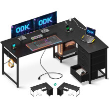 ODK Corner Desk with Drawers, Reversible L Shaped Computer Desk with Power Outlet, Office Desks with USB Charging Port and Host Stand for Home Office