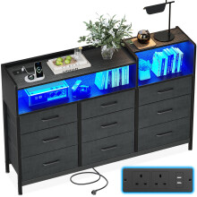 ODK Black Chest of Drawers Bedroom, Dresser Cabinet with 2 Sockets, 2 USB Ports and 10 Colored LED Strips, Chest Drawers with Shelf 9 Fabric Drawers