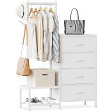 ODK 3 in 1 Chest of Drawers Bedroom, Including 4 Fabric Drawers, with a Sturdy Clothes Rail and 2 Coat Hooks, Double-layer Shoe Rack Design at the