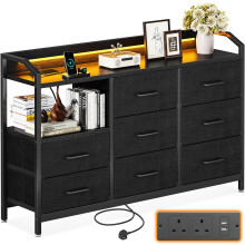 ODK Black Chest of Drawers Bedroom, with LED Light trip with 10 Adjustable Colors and 2 USB and 2 AC Outlets, Includes 8 Large Fabric Drawers,