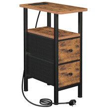 AMHANCIBLE Slim Bedside Table with Charging Station, Narrow Side Table with 2 Fabric Drawers, Small End Table with Open Storage Shelf, Nightstand for