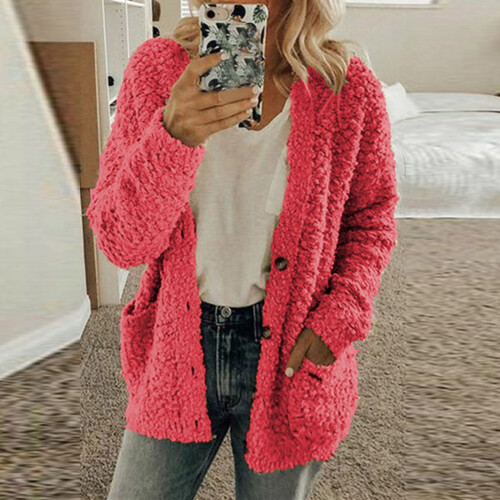 Cardigan-Pullover für Damen, lässig, Übergröße, Plüschpullover, Taschen, Knöpfe, Mantel, Rosa, 4XL 1