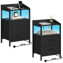 Hzuaneri Bedside Tables Set of 2 with LED Lights and Charging Station, Bedside Cabinet with 2 Fabric Storage Drawers, Nightstand with USB Ports &