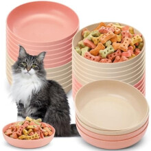 24 delar matskål för katt, 13,5 cm grund våtfoderskål för katter, illrar, kattungar – vetehalm (rosa/beige/klassisk), kompatibel med små
