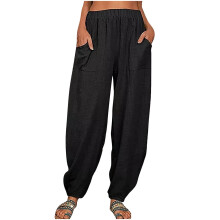 Dámské kalhoty QLEICOM Relaxed Fit s rovnými nohavicemi, bavlněné a lněné, široké, černé, XL – vhodné do práce i na léto
