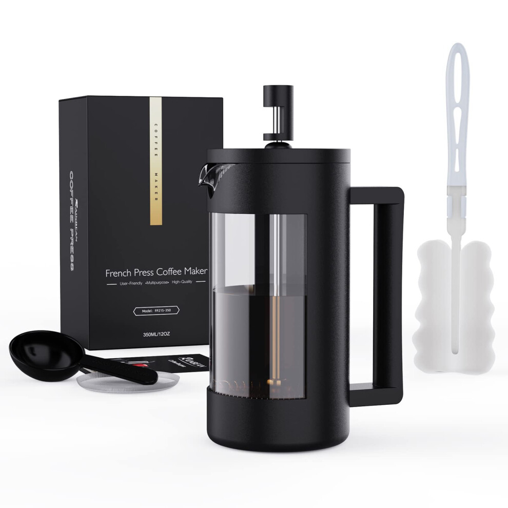 Rainbean Cafetiere Coffee Press 2 Cups/350Ml, Glass French Press Coffee Maker - 3 Level Filtration System, Heat Resistant Borosilicate Glass, Easy