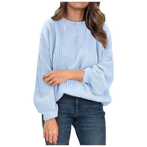 Γυναικείο μπλε oversized πλεκτό πουλόβερ με ριμπ ύφανση, casual τοπ με μακριά μανίκια –
