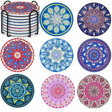 Mandala Coasters Set of 8, Ceramic Round Drink Coasters with Holder Absorbent Drink Coaster Set with Non-slip Cork Base & Ceramic Stone Cup Pad for