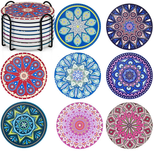 Mandala Coasters Set of 8, Ceramic Round Drink Coasters with Holder Absorbent Drink Coaster Set with Non-slip Cork Base & Ceramic Stone Cup Pad for