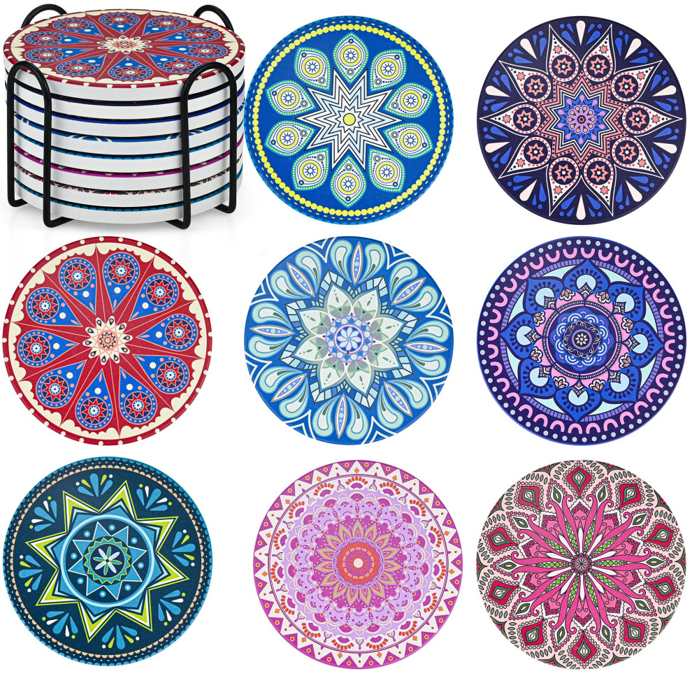 Jtooys Mandala Coasters Set Of 8, Ceramic Round Drink Coasters With Holder Absorbent Drink Coaster Set With Non-Slip Cork Base & Ceramic Stone Cup Pad For
